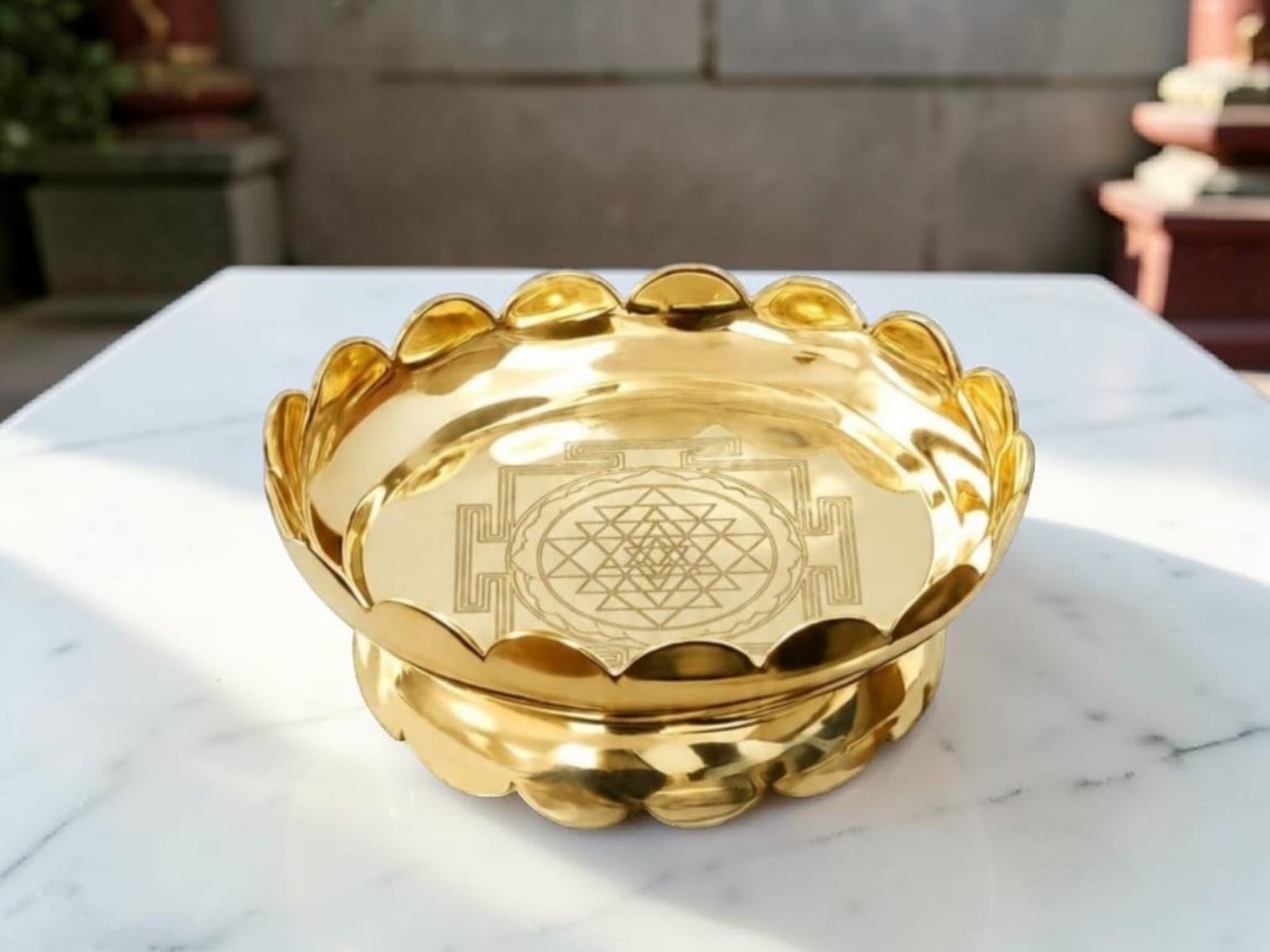 Brass Lotus Stand with Sri Yantra Engraving, 10 cm, Gold | Gold Finish, Small Size, Brass Material, Sri Yantra Design, Decorative Stand-image-10