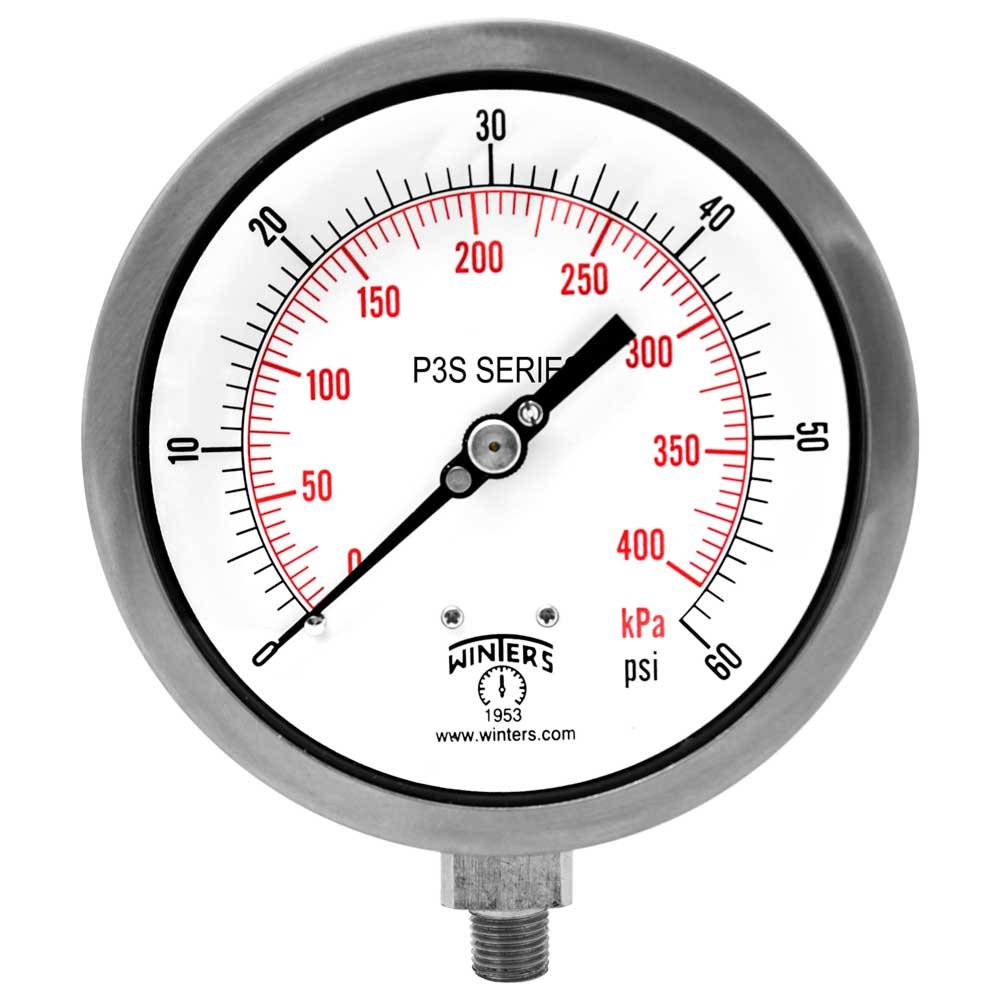 Winters P3S 300 Series Aluminum Dual Scale Pressure Gauge with Brass Internals, 0-600 psi/kpa, 4-1/2