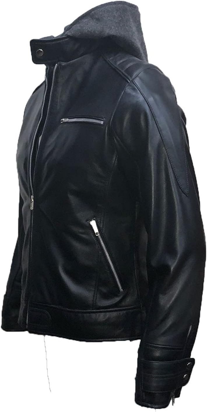 New Batman Logo Motorcycle Brando Biker Real Leather Hoodie Jacket - Detach Hood (S-42), Black
