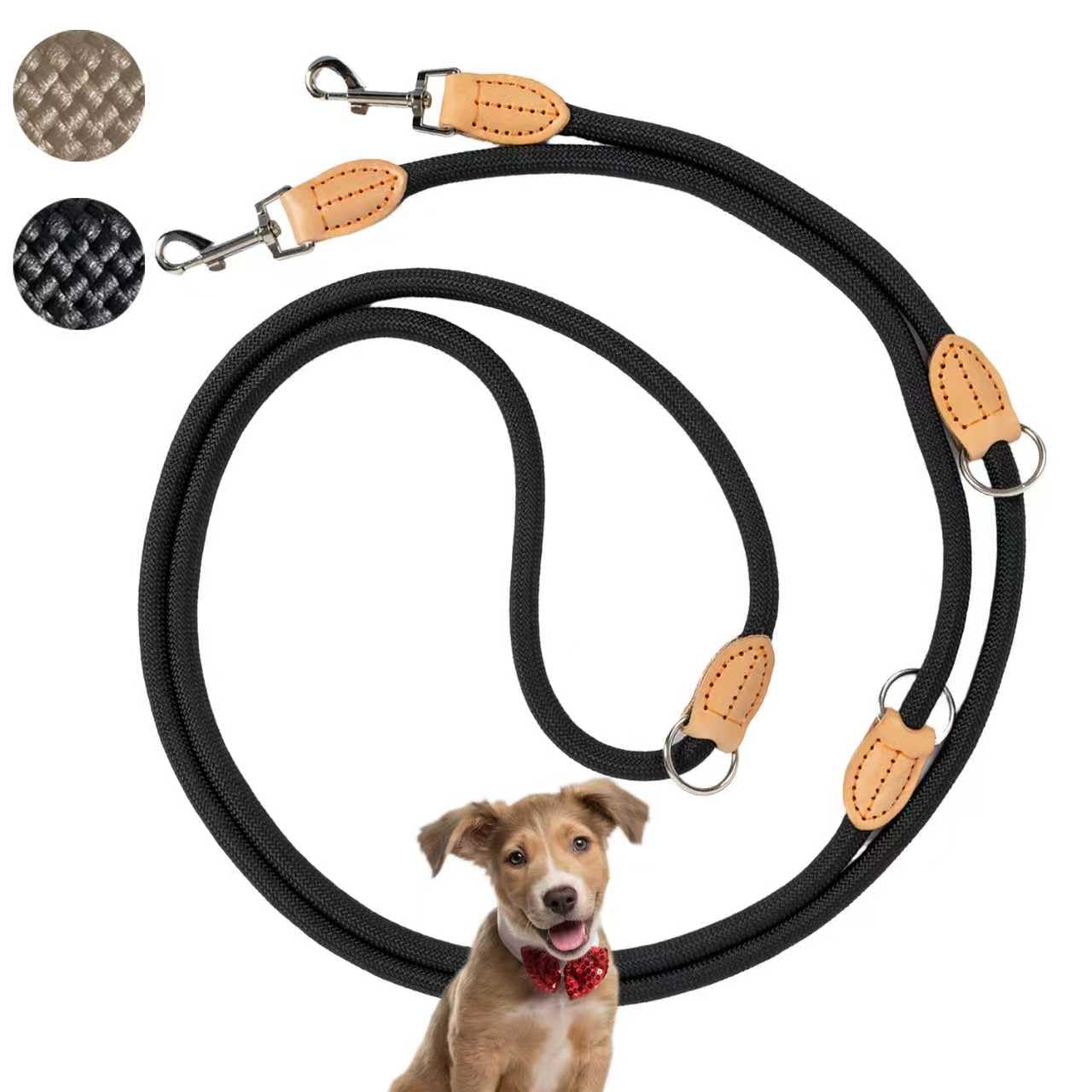 LeileiPaws 3 m Verstellbare Multifunktions-Hundeleine aus Nylon & Leder – Führ-, Schulter- & Hüftleine für kleine bis große Hunde – Robust für Training, Spaziergang & Joggen (Schwarz, 3m x 0.8cm)