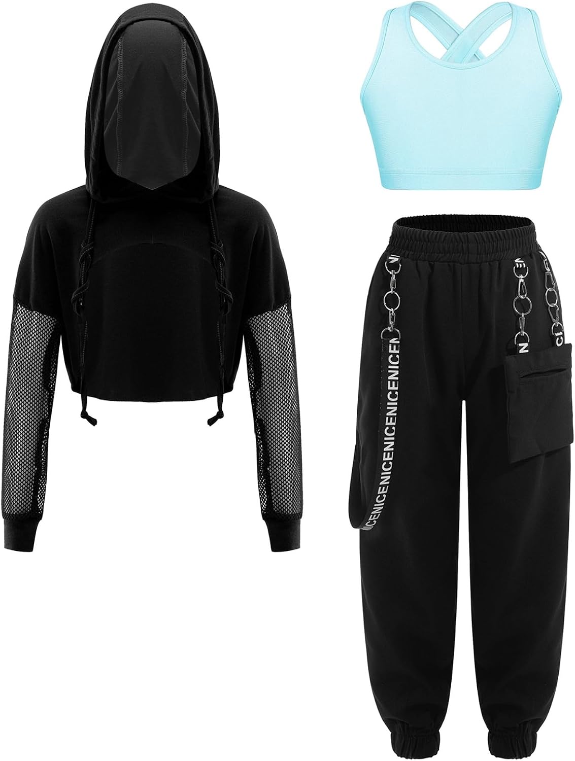 3Pcs Kids Girls Sports Tracksuit Cross Back Top and Sweatpants with Long Sleeve Cropped Hoodie