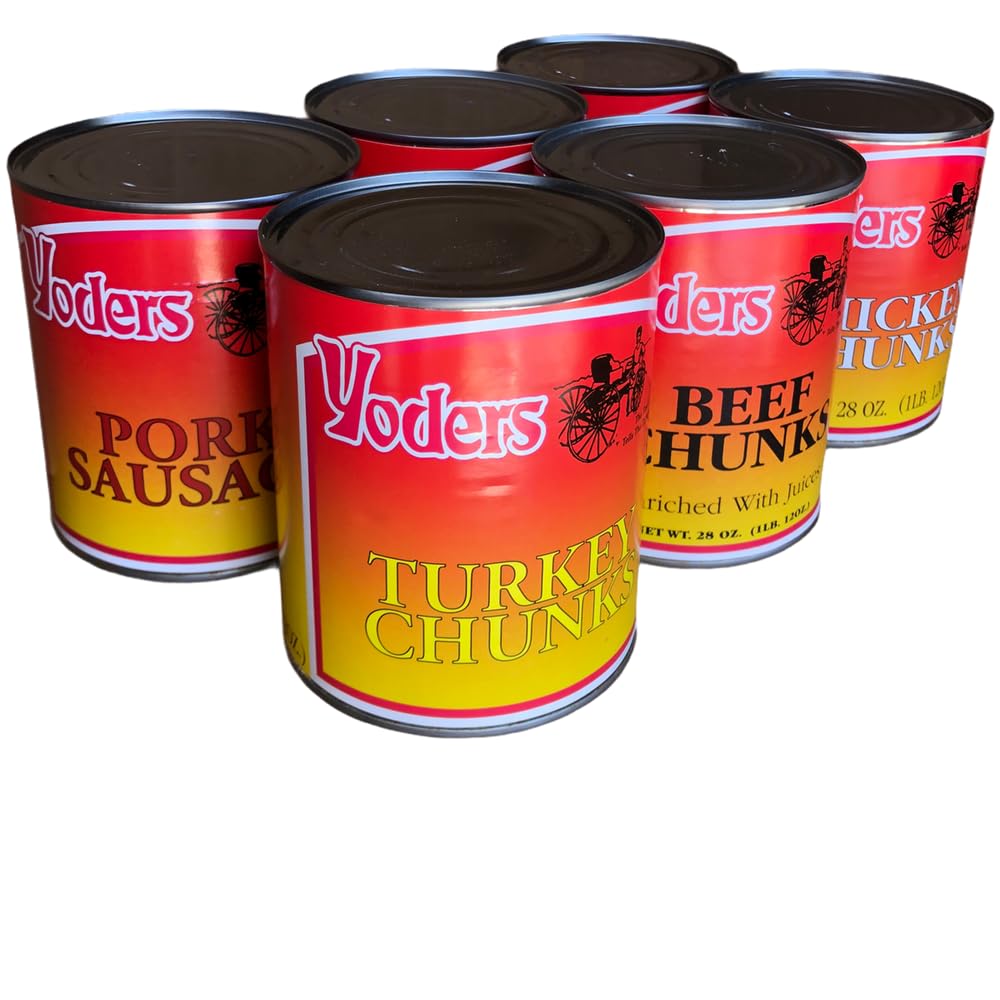 Yoder's Fully Cooked 28 Oz Meat Sampler Pack 6 Cans (Beef Chunks, Chicken Chunks, Turkey Chunks, Pork Chunks, Hamburger/Ground Beef, Pork Sausage) Perfect For Family Preparedness & Emergency Readiness