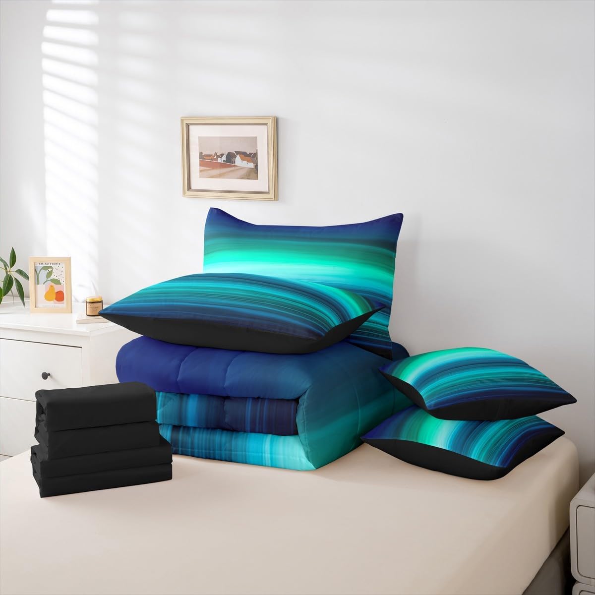 Feelyou Blue Print Comforter Set - Deep Ocean 7 Piece Bedding Set with Minimalist Blue Lines - Microfiber Modern Design Bed Set Includes Comforter, Sheet Set, Pillowcases & Pillow Covers - Twin Size