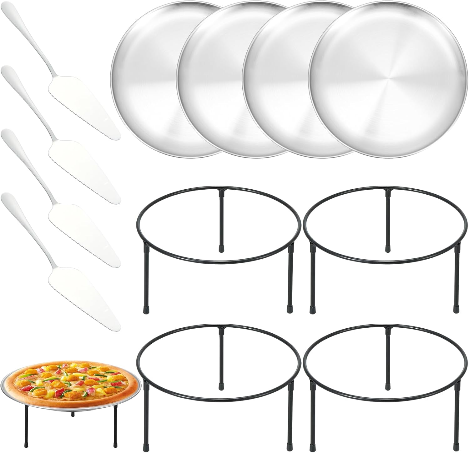 12 Pcs Pizza Pan Riser Stands Sets Includes 4 Round Pizza Tray Riser Rack Holder 4 12inch Pizza Pan and 4 Wood Handle Pie Server, Pizza Rack Stand Pizza Tray for Home and Party
