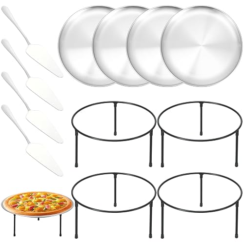 12 Pcs Pizza Pan Riser Stands Sets Includes 4 Round Pizza Tray Riser Rack Holder 4 12inch Pizza Pan and 4 Wood Handle Pie Server, Pizza Rack Stand Pizza Tray for Home and Party