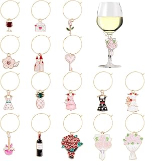 BENECREAT 16Pcs Wedding Theme Charm, Rose Flower Dress Heart Key Drink Markers for Stem Glass Decoration