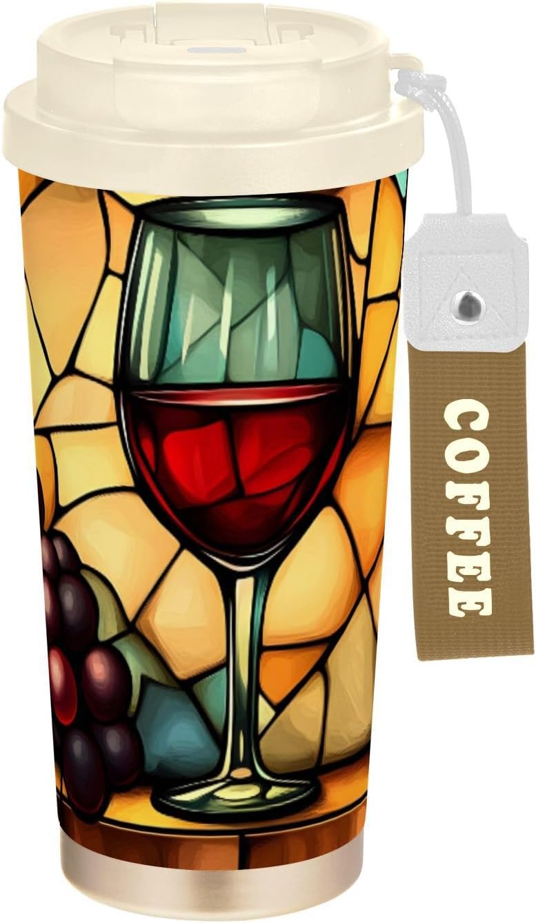 Wine Stain Glass Insulated Coffee Mug with Straw & Flip Lid, 16.9oz Iced Tumbler Cup, Double Wall Vacuum Leak-Proof Mug for Travel Office