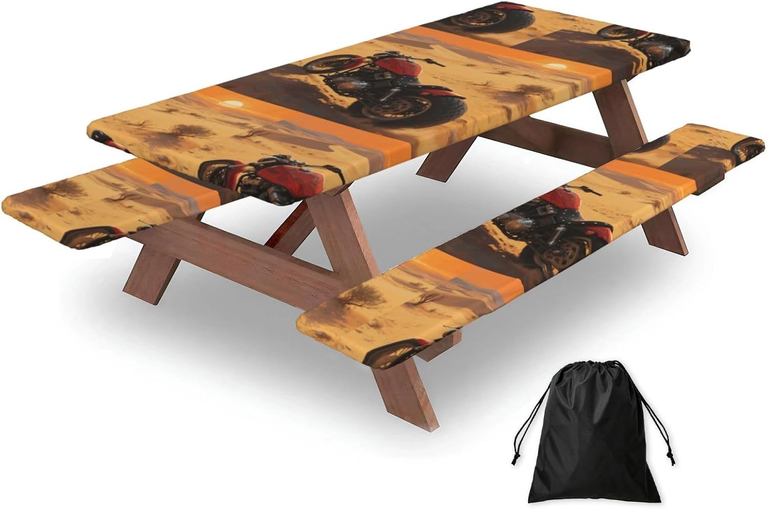 Motorcycle Picnic Table Cover With Bench Covers And Bag, Windproof Waterproof Rectangle Tablecloth With Elastic Edges Fitted Camping Table Covers Portable Camping Accessories For Picnic Party Travel