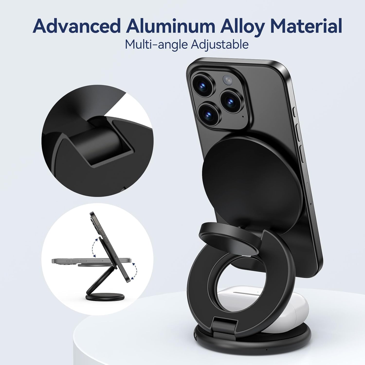 KU XIU X63 3 in 1 Charging Station for Apple, Aluminum Alloy Foldable Magnetic Wireless Charger, Travel Charger for iPhone 17/16/15/14/13/12 Series, Apple Watch & AirPods(with 20W Adapter)-Black