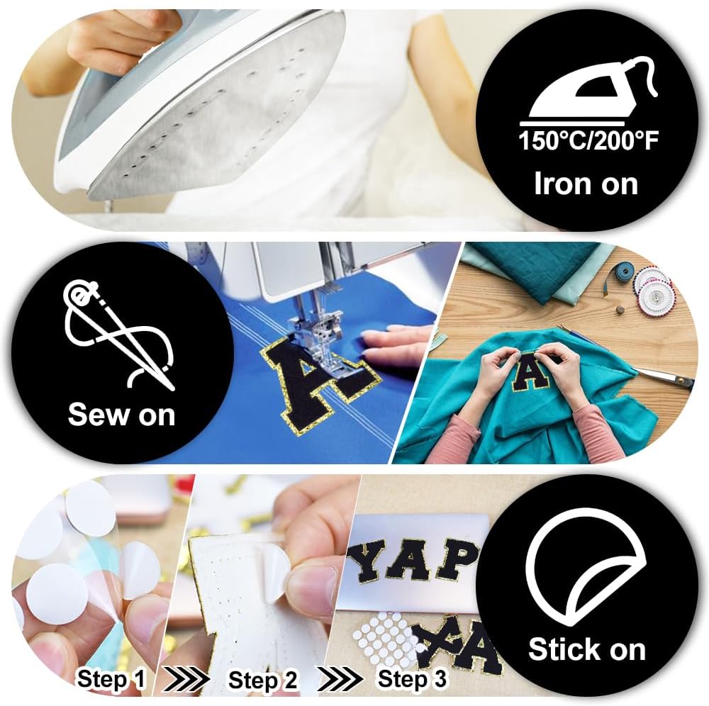 104 Pcs Large Black 3 Inch A-Z Chenille Letter Patches, Iron on Letters for Fabric and Clothing, Glitter Embroidery Varsity for Letterman Jacket,Hats, Sew or Iron on