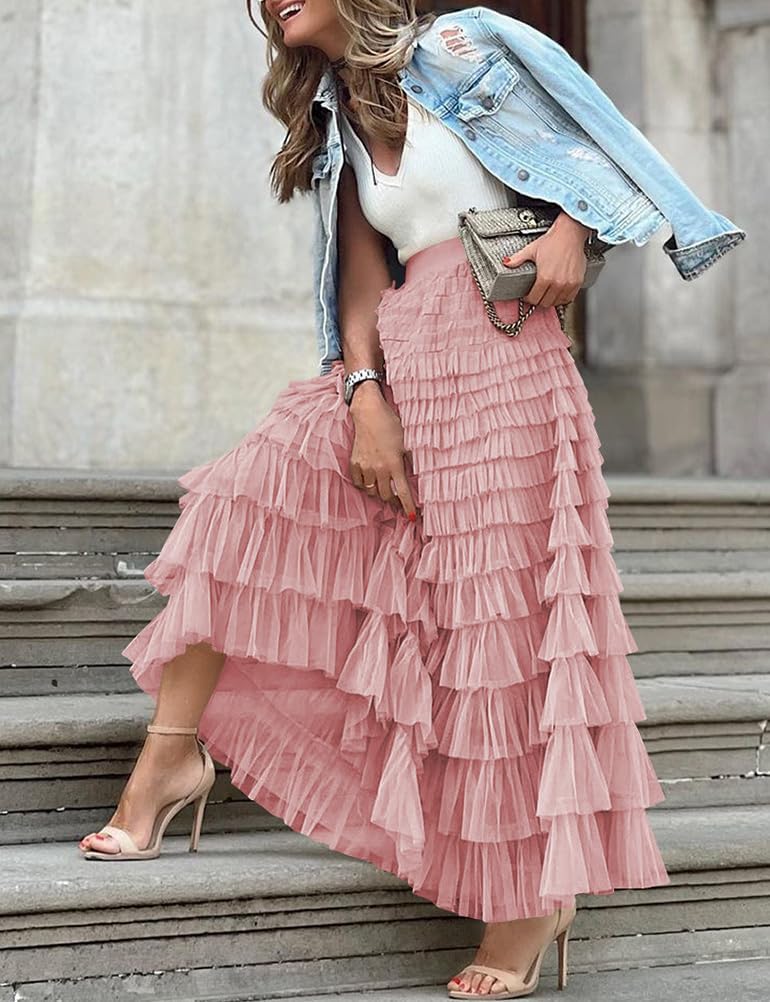 Long Tulle Skirt for Women Trendy High Waisted A Line Fluffy Fairy Mesh Layered Ruffle Skirt - Image 3