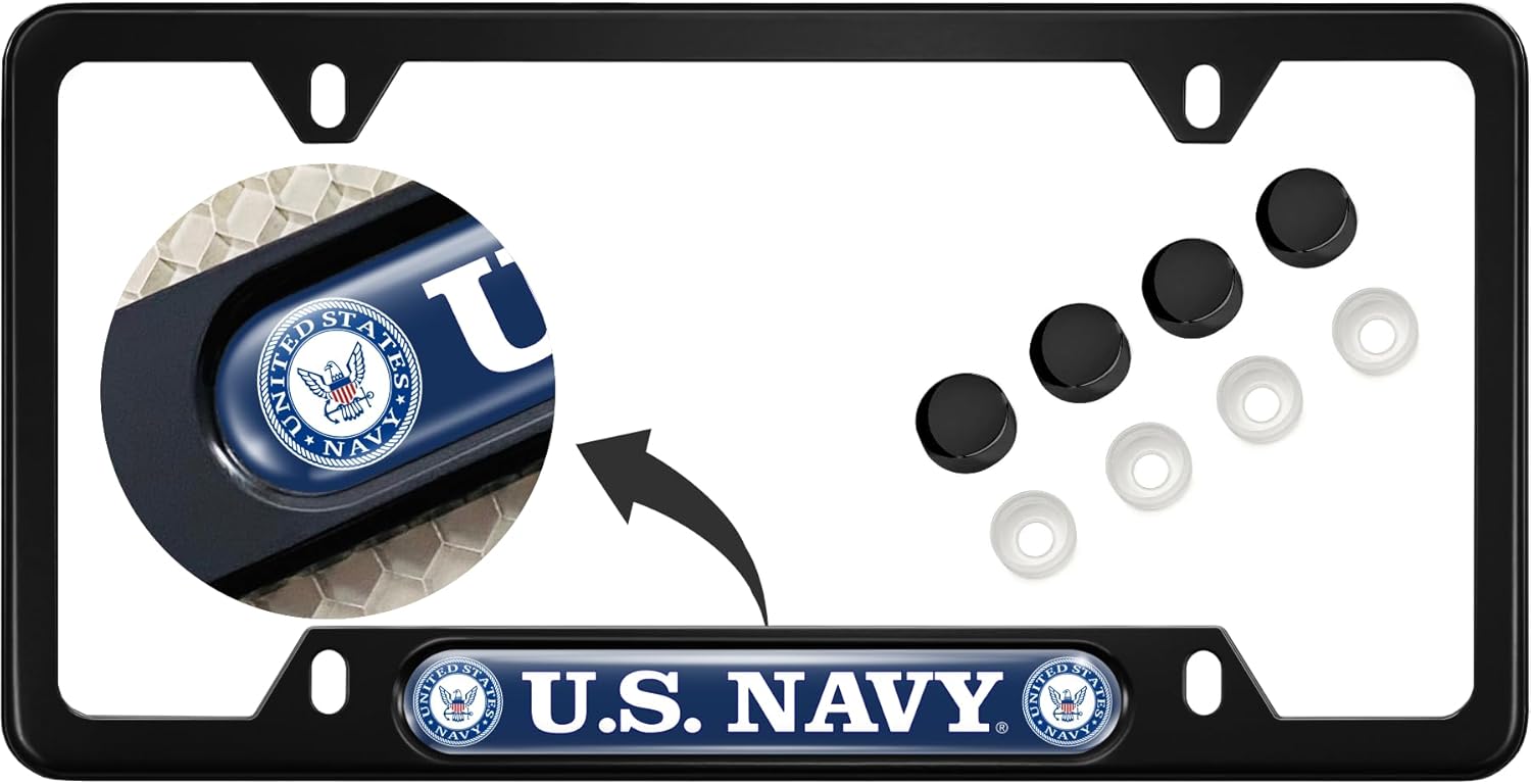 [U.S. Navy Officially Licensed Product] - USA Patriotic Anodized Aluminum Thin Top | Narrow Top Car License Plate Frame with United States Navy Insert with Free caps - Black