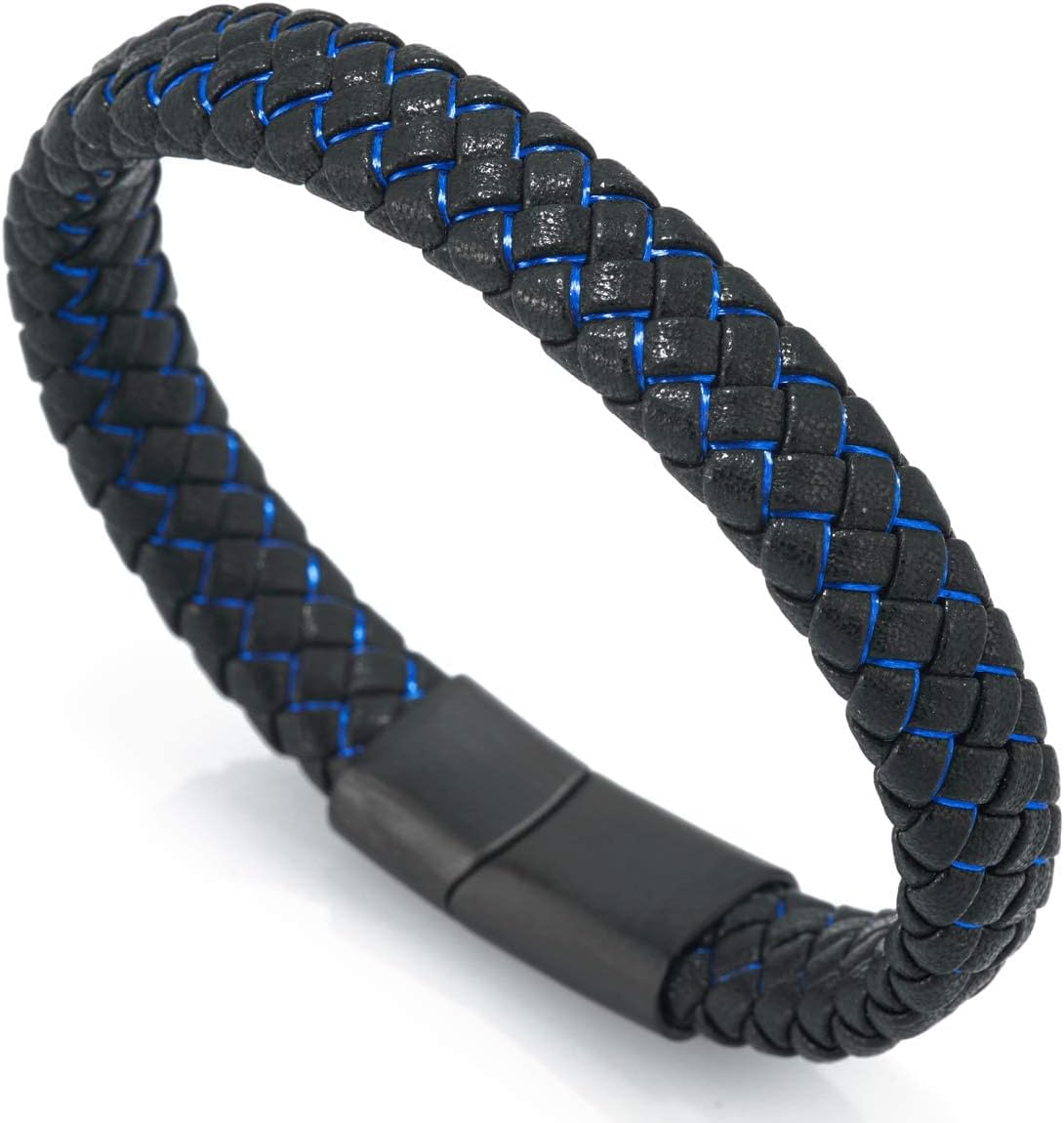 Halukakah Kids ● Jazz Junior ● Boy's Genuine Leather Handmade Braid Black Mix Blue/Red/Green Bracelet 13-16 Y/O. Titanium Magnetic Matt Clasp Size Adjustable 7"-7.7"(18-19.5cm) with Free Giftbox