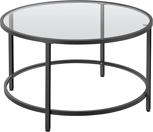 Miniatura 10 de Yaheetech Mesa de centro redonda de 36 pulgadas con parte superior de cristal, color dorado mostaza, mesa de centro redonda con almohadillas