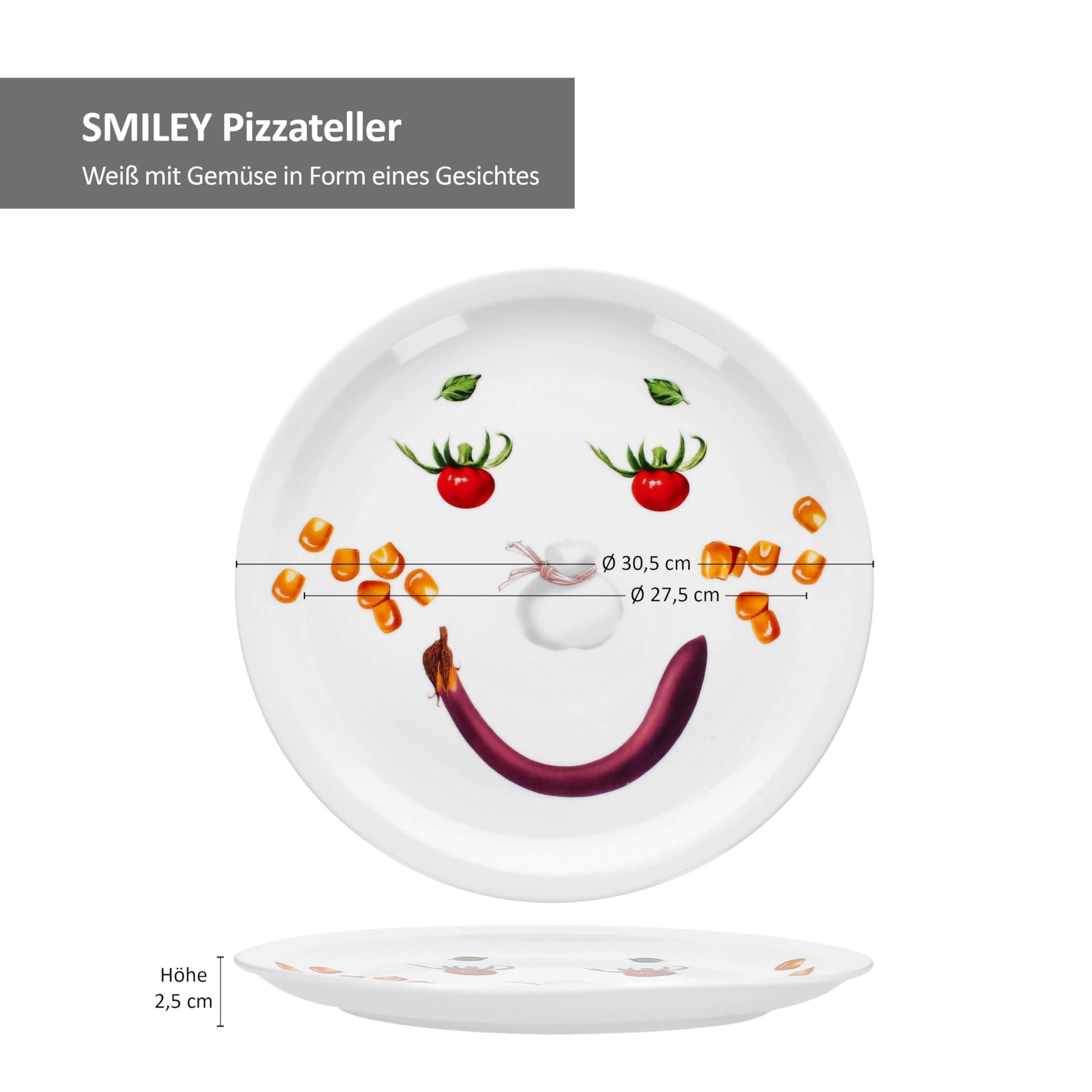 MamboCat 2er Set Smiley Pizzateller I Ø 30,5 cm I lustige Servierplatte aus Porzellan mit Gemüse-Gesicht I Kinderteller, Partyteller, Familienpizza I für Pizza, Flammkuchen & mehr