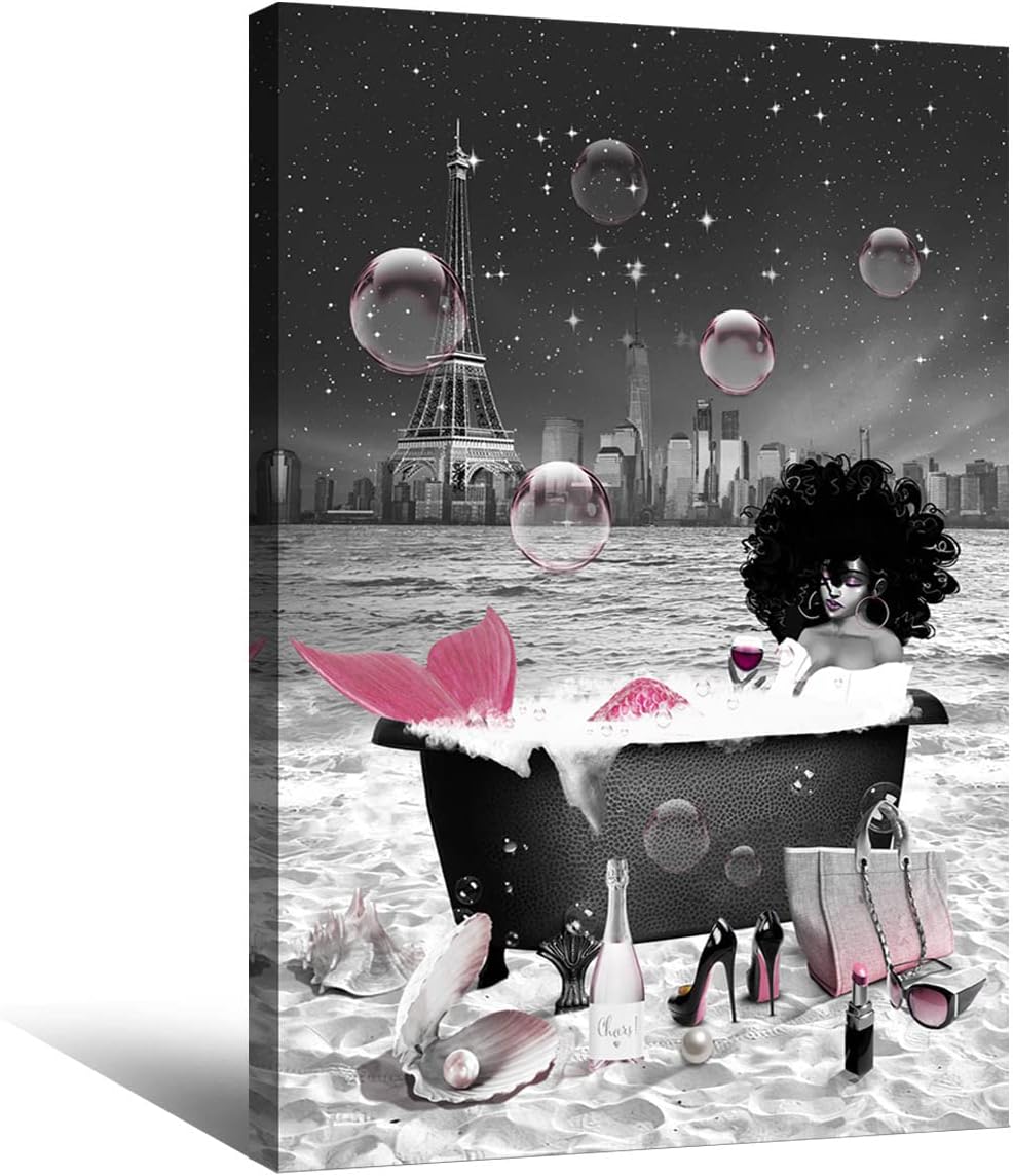 African American Wall Art Fashion Black Girl Canvas Wall Decor Grey Pink Eiffel Tower Bathtub Beach Painting Picture Artwork for Bedroom Living Room Bathroom Home Decor Framed Ready To Hang 12"x16"