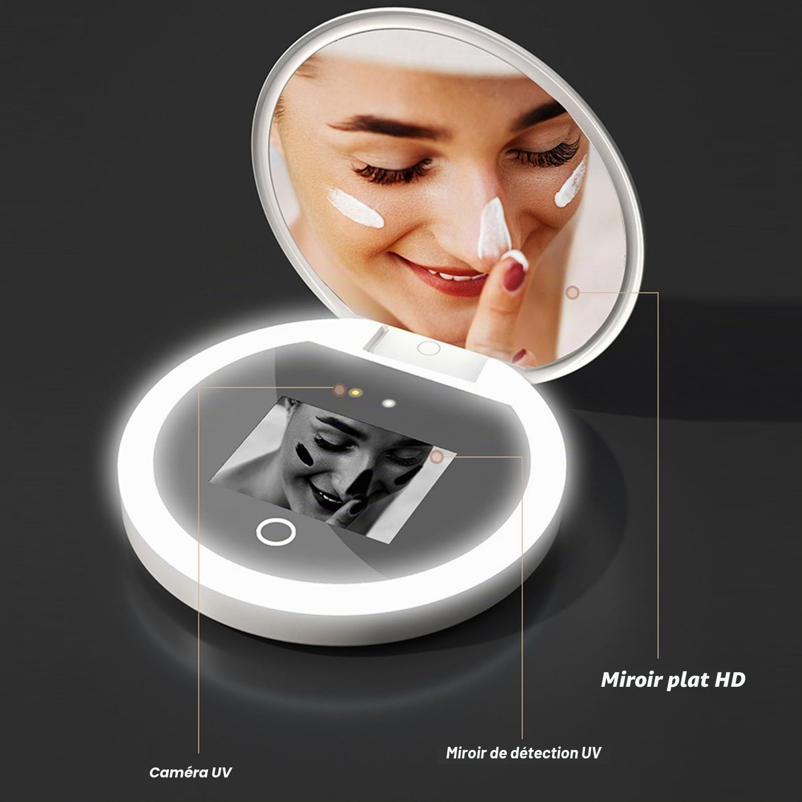 Miroir de Maquillage de Voyage éclairé par LED 3,5 Pouces - Compact Avec Test de Protection Solaire pour Caméra UV - Portable Grossissement 2X