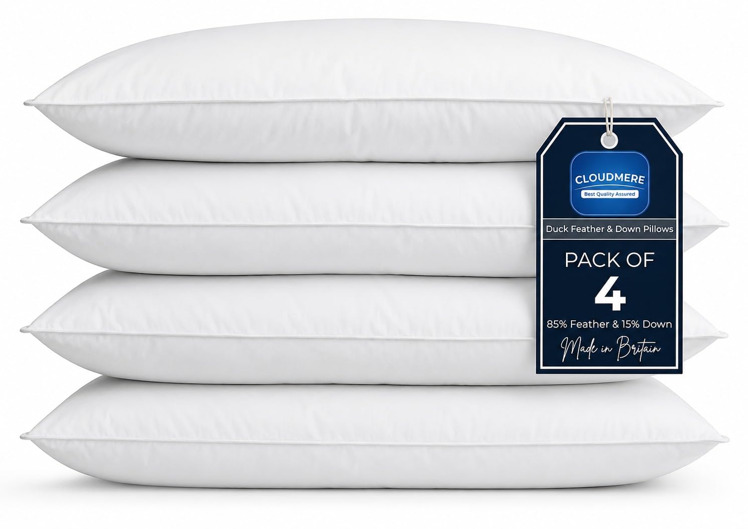 Cloudmere Luxury White Duck Feather and Down Filling Pillows Comfy Hotel Quality Bed Pillow Pair Soft Hypoallergenic & Anti Dust Mite 100% cotton Cover for Side Back Sleeping Pack Of 4