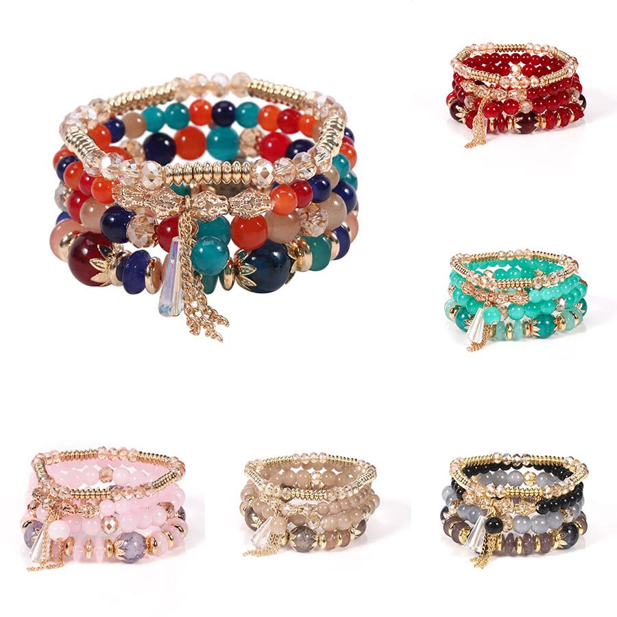 Set 4 Bracciali Elastici Con Perline E Nappe – Stile Boho Multistrato – Regalo Per Donna E Ragazza