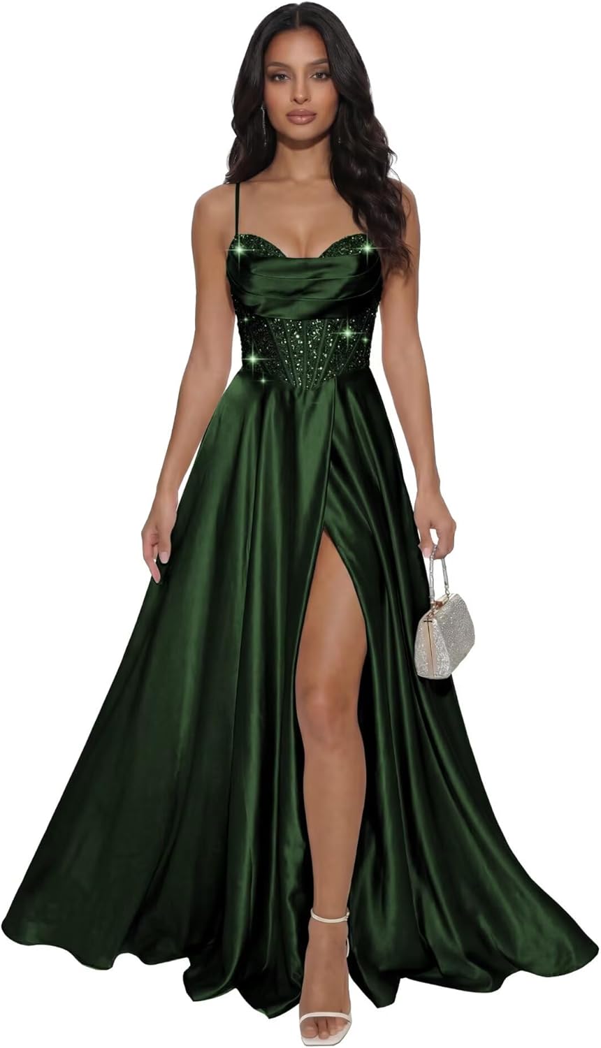 Satin Prom Dresses with Slit Spaghetti Straps Sequin Corset A Line Formal Dress OE146
