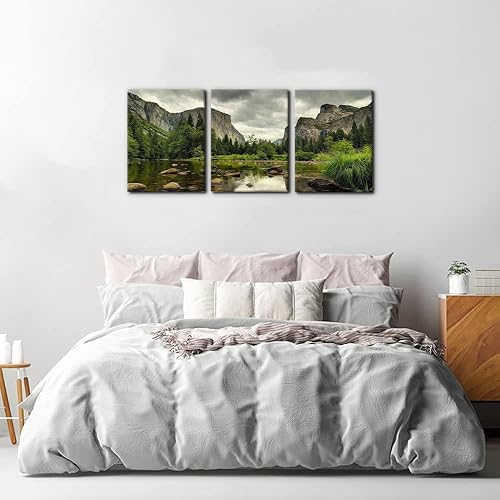 Vista 53 de 3 piezas de pintura verde para pared, parque nacional de Yosemite, agua clara, lago, montañas, árboles, rocas, impresiones sobre lienzo, decoración