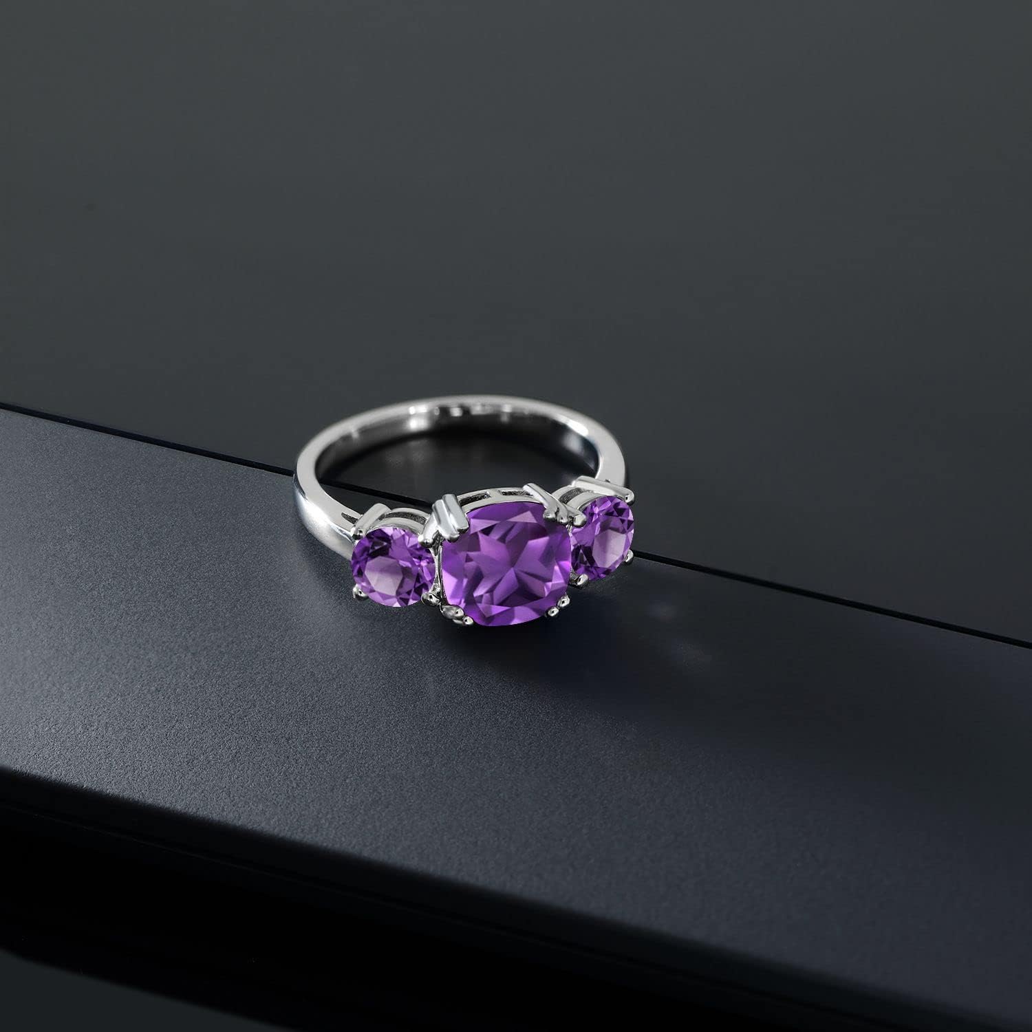 Gem Stone King 3.00 Cttw Purple Amethyst 3-Stone Engagement Ring For Women | 925 Sterling Silver | Gemstone February Birthstone | Cushion 8MM