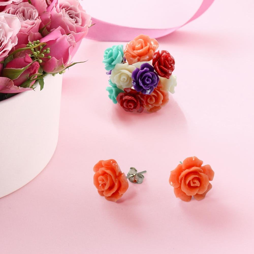 Romantic Delicate Pink Blue Yellow Green Black Purple White Red Floral Blooming 3D Carved 10MM Rose Flower Post Stud Earrings For Women Teen Lightweight