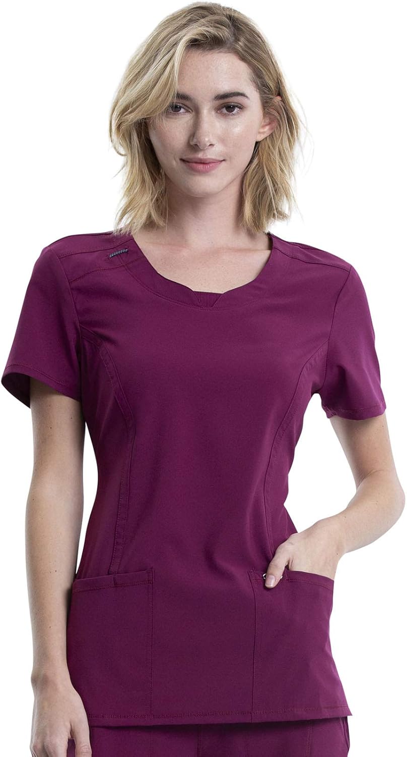 Infinity Round Neck Scrub Top for Women 4-Way Stretch 3 Pockets with Side Vents and Rib-Knit Back Panel 2624A Small Wine