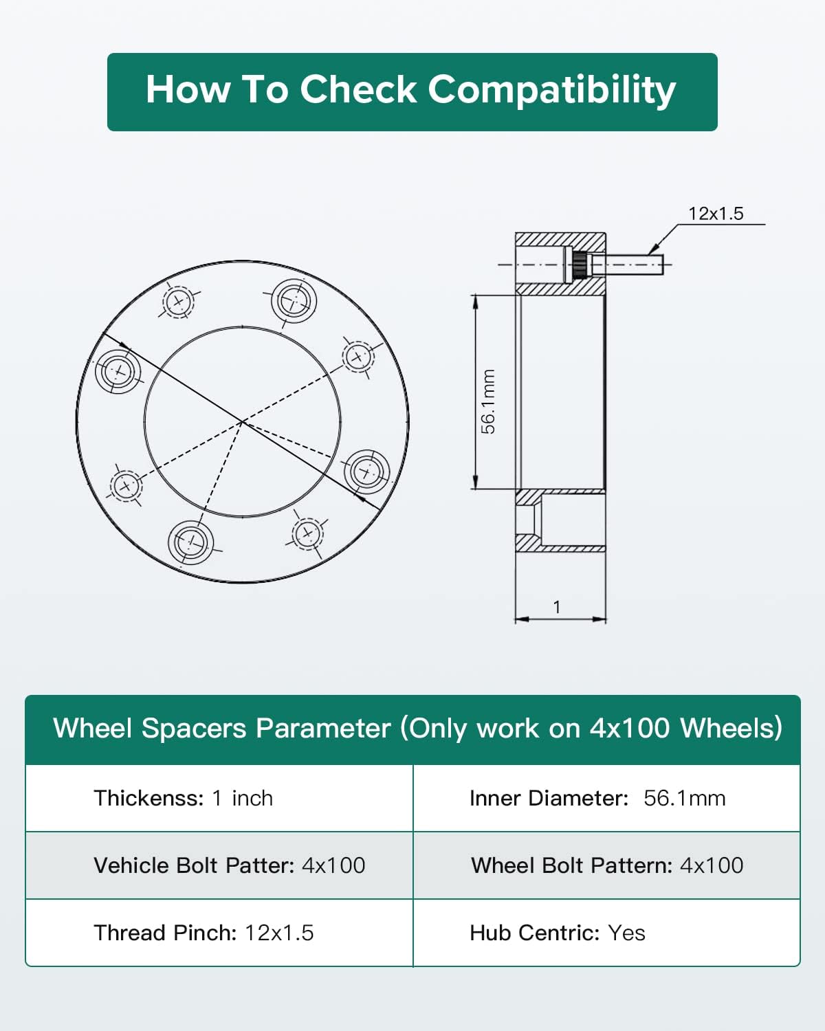 AINTIER 4X 4 Lug Hubcentric Wheel Spacers Adapters 1" 4x100mm to 4x100mm with 12x1.5 Studs 56.1mm fits for Aveo Wheel Spacers for Mirage Wheel Spacers