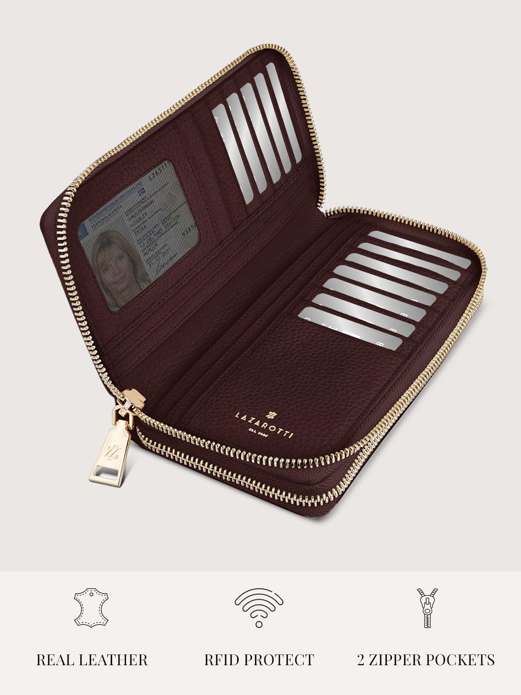 Lazarotti Bologna XL Leder Geldbörse Damen | 2 große Reißverschlussfächer, 20 Kartenfächer, Münzfach, RFID-Schutz | 20 x 4 x 11 cm