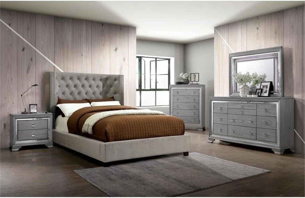 BOWERY HILL 2-Drawer Solid Wood Nightstand, Light Gray Finish, 30" W x 17.5" D x 29.5" H, Wood Veneer and MDF, Felt-Lined Top Drawer, Mirrored Trim, Contemporary Design Bedroom or Living Room Storage