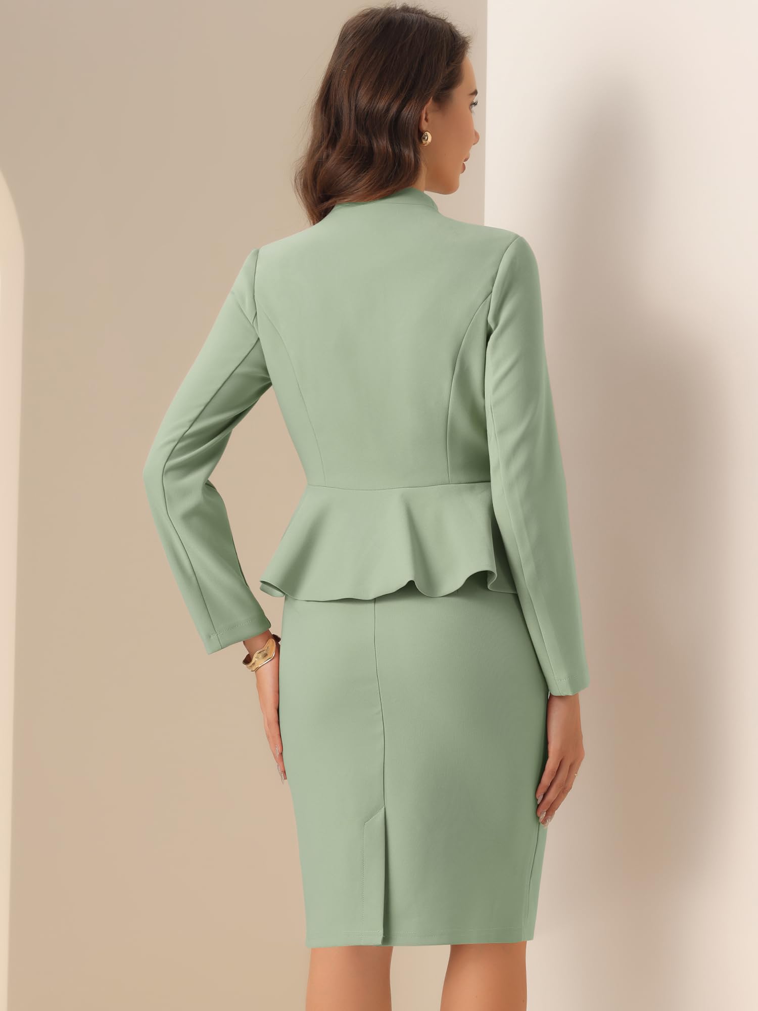 Allegra K Costume d'affaires 2 pièces pour femme - Costume de fête des mères à manches longues sans col - Blazer péplum - Jupes crayon