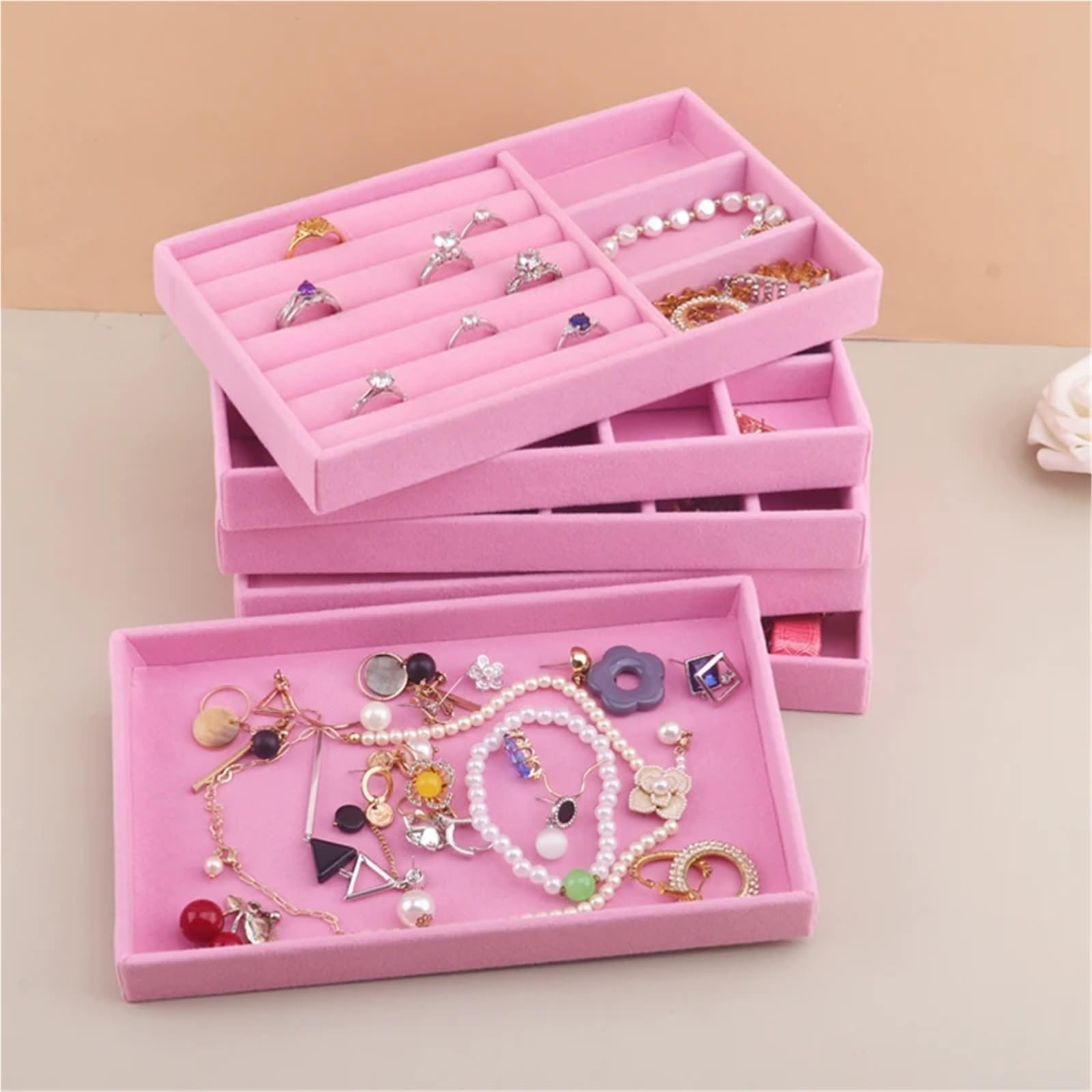 Organizador de joyas terciopelo, bandeja almacenamiento, exhibidor anillos, pulseras y collares, caja exhibición, bandejas for cajones Para Collares, Pendientes y Anillos