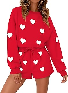 Valentines 2 Piece Outfits Womens Love Heart Pajamas Valentines Day Lounge Matching Set Dating Outfit Sets Couple Gift