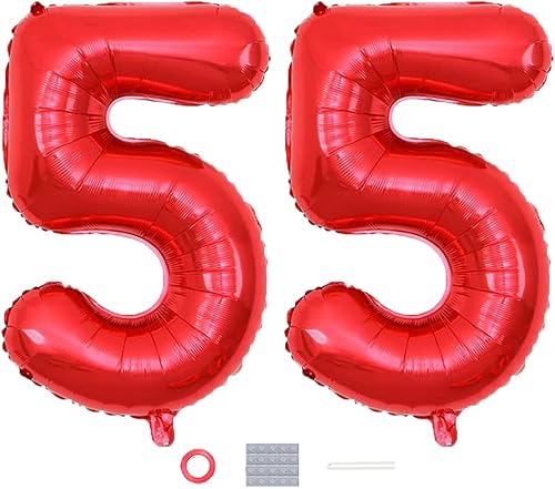 Globos rojos de números 55 de 40 pulgadas, globos de aluminio jumbo para hombre y mujer, decoración de fiesta de cumpleaños 55, aniversario de boda,