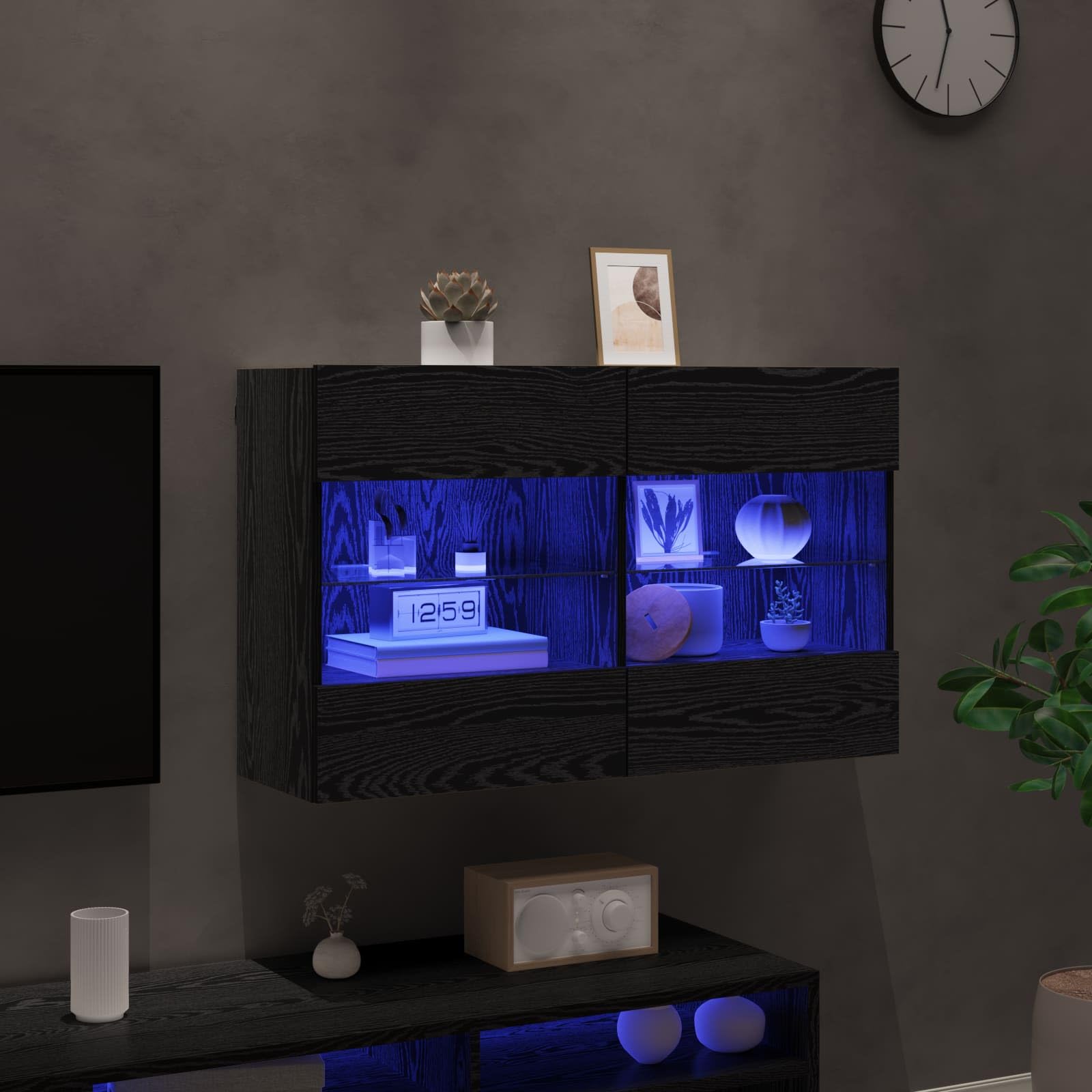 Szafka ścienna pod telewizor, czarna, imitacja dębu, wykonana z materiału drewnopochodnego, 98,5 x 30 x 60,5 cm, z oświetleniem LED i montażem na ścianie, do salonu, kącika do gier i