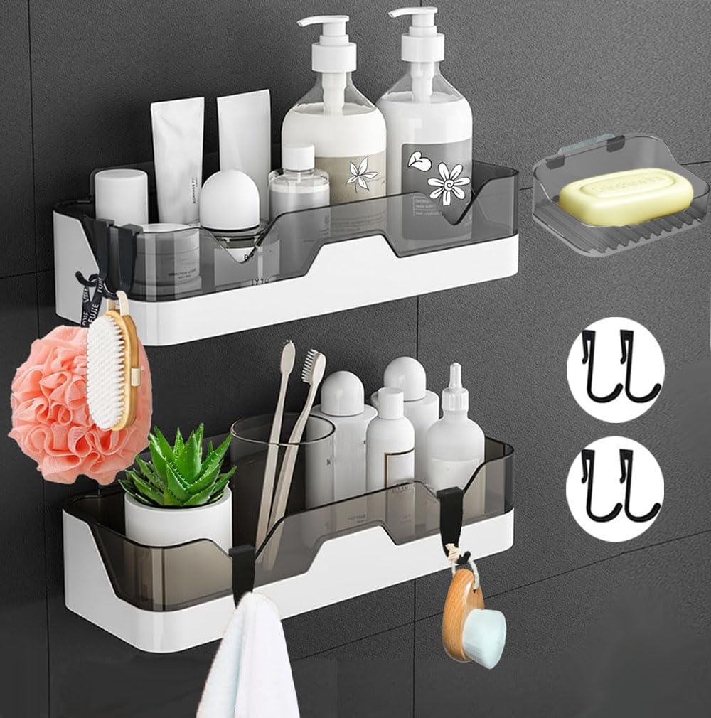 Set of 2 Bathroom Shelves, No Drilling Shower Shelf, Wall Mounted Shower Baskets, Adhesive Bathroom Storage Rack for Bathroom/Kitchen