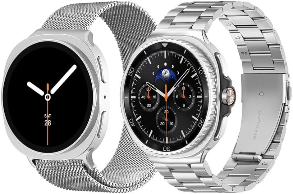 2 Pack Metal Band Compatible with Samsung Galaxy Watch 8 Bands 40mm 44mm/Galaxy Watch 8 Classic 46mm Women Men, Stainless Steel Elegant Casual Strap + Milanese Mesh Loop Magnetic Bands