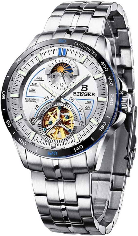 BINGER Switzerland Men Skeleton Steel Watches,Sapphire Japan Movement Automatic Tourbillon Mechanical Casual Wristwatch 10001 Moon Phase,Black