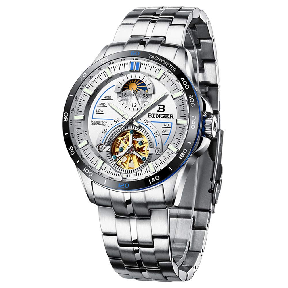 BINGER Switzerland Men Skeleton Steel Watches,Sapphire Japan Movement Automatic Tourbillon Mechanical Casual Wristwatch 10001 Moon Phase,Black