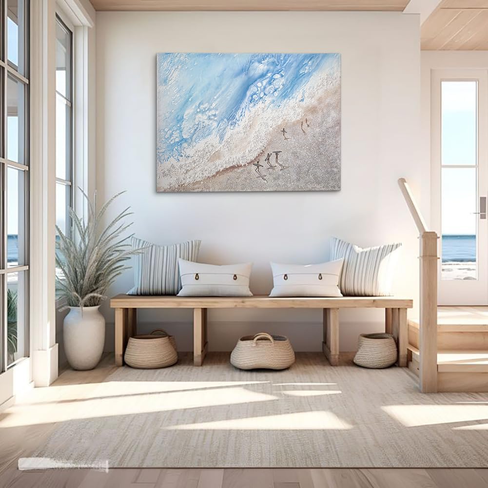 Surfer Beach Canvas Wall Art Abstract Ocean Wave Painting with Aerial View, Surfboards, Sea Foam & Sandy Shore Coastal Nautical Wall Decor for Living Room, Bedroom, Bathroom, or Beach House 30"×40"