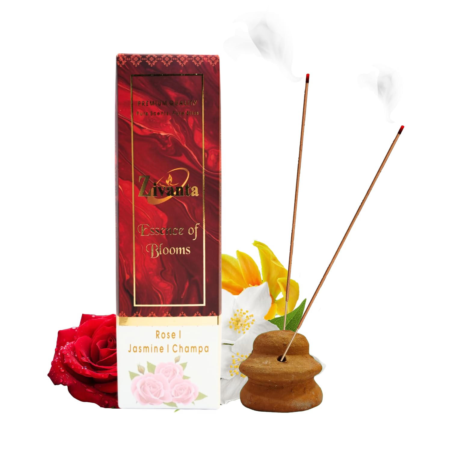 Zivanta Essence of Blooms Incense Sticks – Rose, Jasmine & Champa Blend (3 Fragrances) – 9
