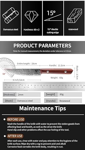 Miniatura 9 de Cuchillo multiusos de acero de Damasco de 4.7 pulgadas, cuchillo de cocina forjado de 67 capas con mango de madera maciza natural, hoja de doble