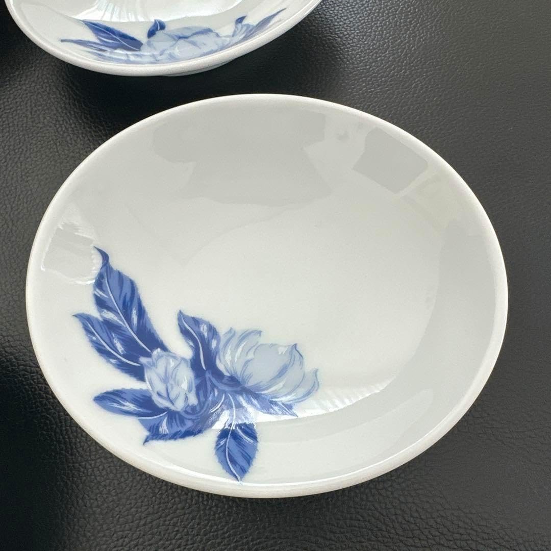 有田焼 十四代 辻常陸 染付 桔梗文 うちわ型 手描き 銘々皿 5客