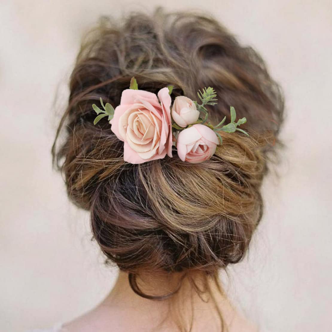 Fangsen Wedding Pink Rose Flower Hair Comb Spring Wedding Bridal Hair Accessory for Women and Girls Silver