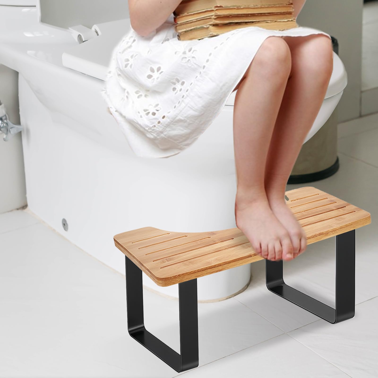 PORFOYO Sgabello WC per adulti, ergonomico, in bambù e antiscivolo, per seduta naturale, per bagno contro stitichezza ed emorroidi, per adulti e bambini