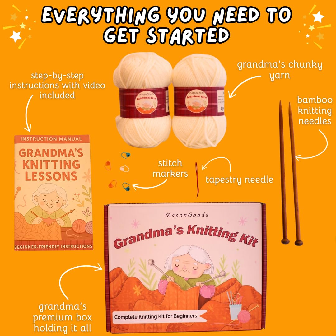 MaconGoods Grandma's Strickset, komplettes Strickset für Anfänger, enthält Anfängergarn, Bambusnadeln, Video-Tutorial und schriftliche Anleitung und mehr, einfaches Stricken lernen
