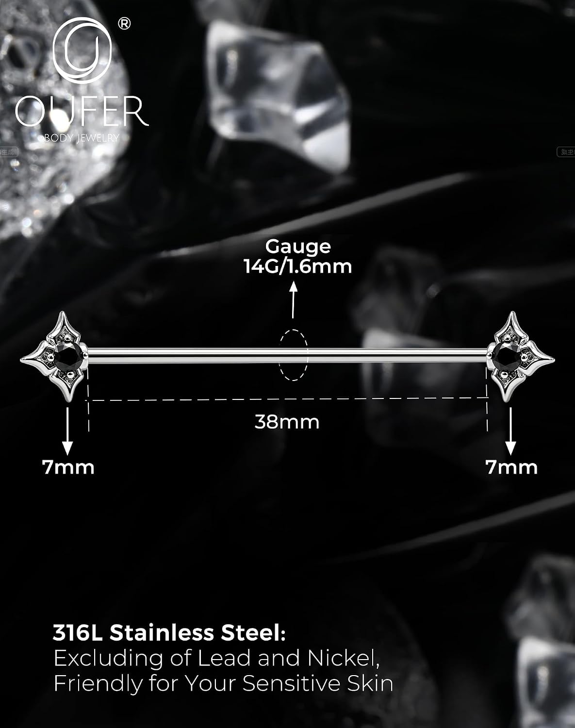 OUFER 14G 38mm Industrial Barbell, Black CZ Star Long Straight Piercing