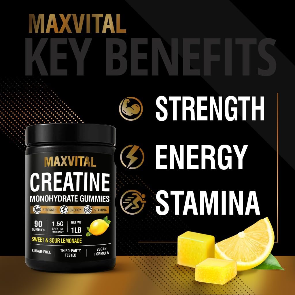 Creatine Monohydrate Gummies 1500 mg – Sweet & Sour Lemonade Chewable – Pre-Workout for Strength & Muscle Support – Vegan, Sugar-Free & Halal – for Men & Women – 90 Gummies
