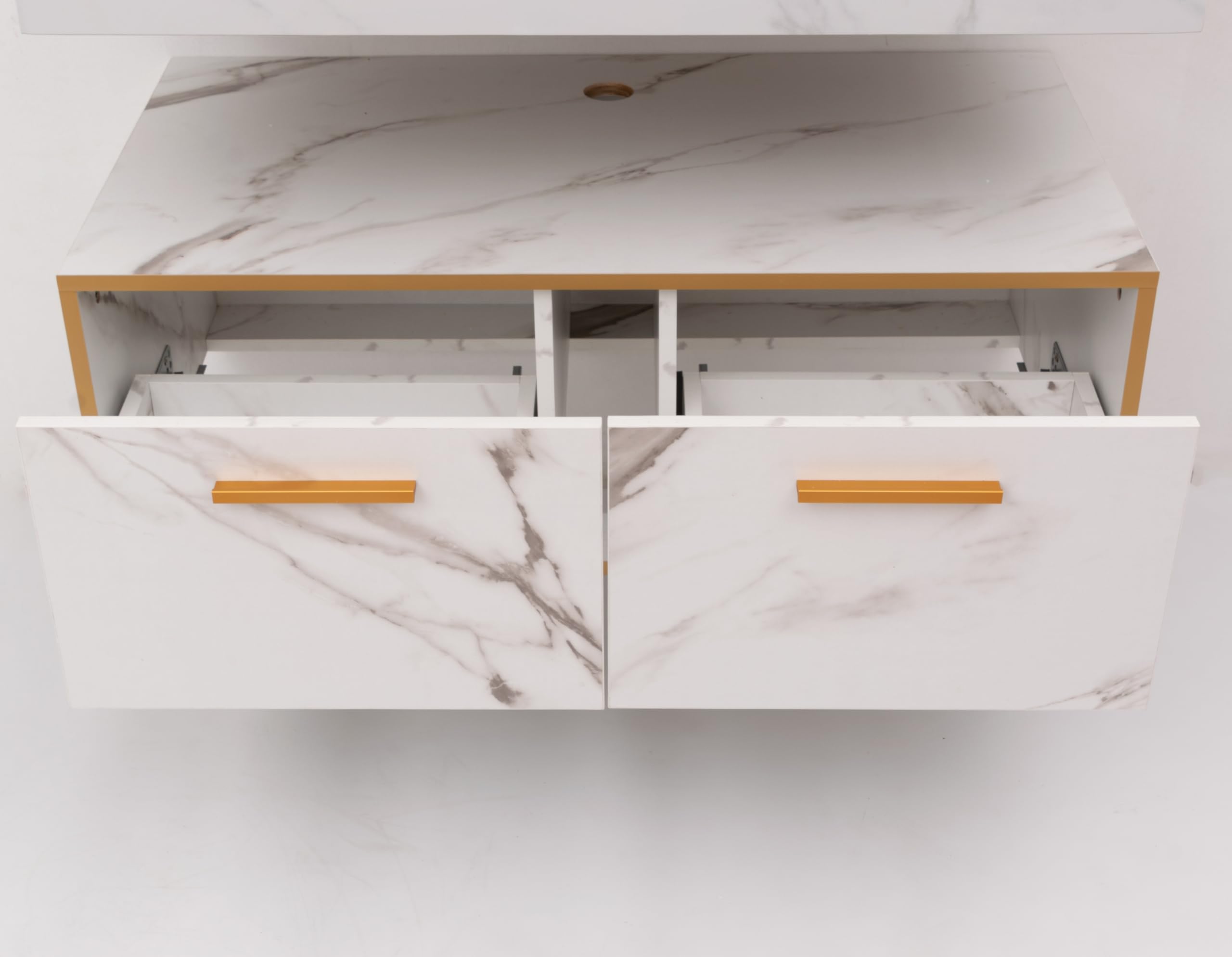 WITIT ARREDO BAGNO SET COMPLETO MOBILE BAGNO SOSPESO IN LEGNO BC011 DA 90 CM BIANCO ORO CON 2 CASSETTI LAVABO BIANCO STRIATO IN CERAMICA E SPECCHIERA LED VETRO RISCALDABILE